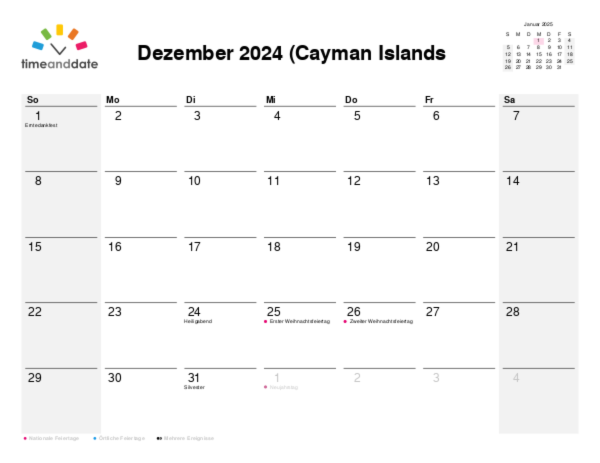 Kalender für 2024 in Cayman Islands (Kaimaninseln)