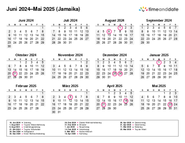 Kalender für 2024 in Jamaika