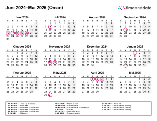 Kalender für 2024 in Oman