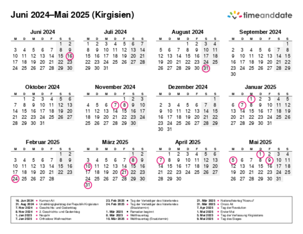 Kalender für 2024 in Kirgisien