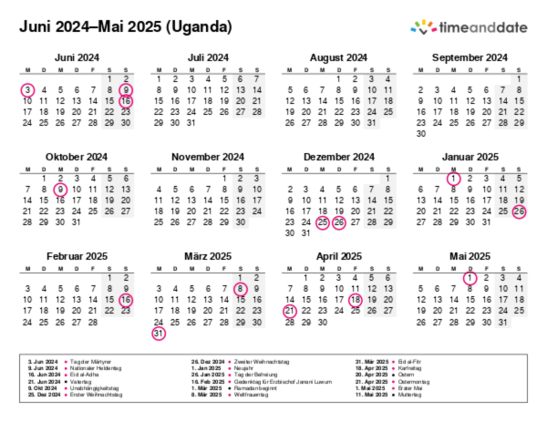 Kalender für 2024 in Uganda