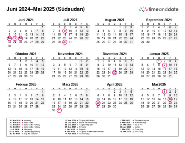 Kalender für 2024 in Südsudan