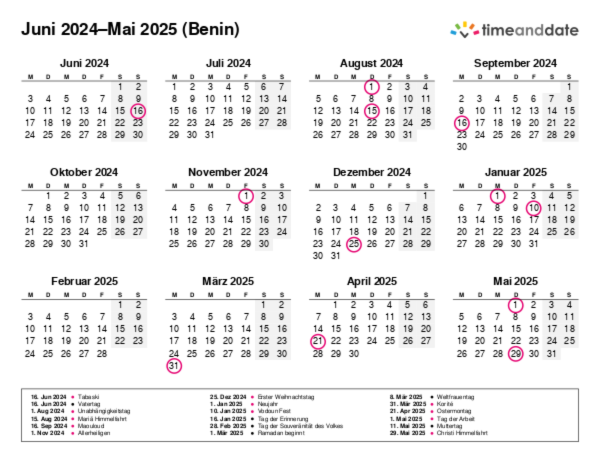 Kalender für 2024 in Benin