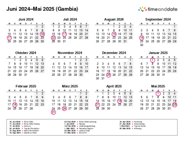 Kalender für 2024 in Gambia