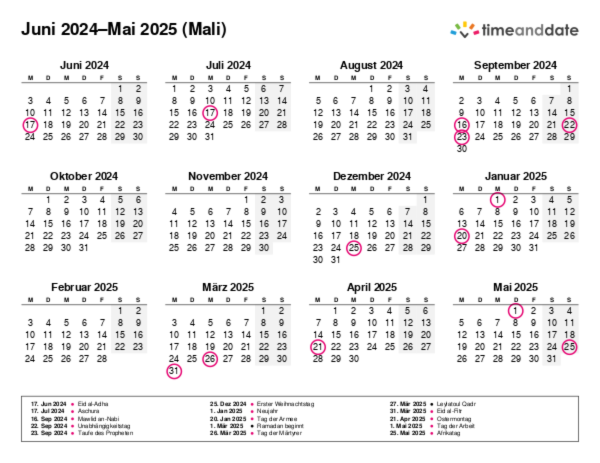 Kalender für 2024 in Mali