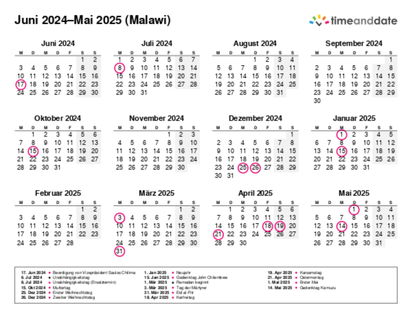 Kalender für 2024 in Malawi