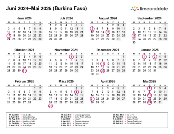Kalender für 2024 in Burkina Faso