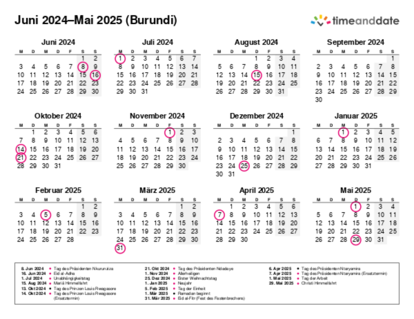 Kalender für 2024 in Burundi