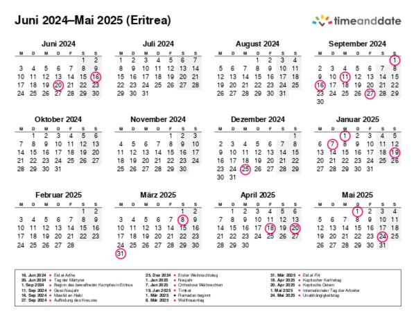 Kalender für 2024 in Eritrea