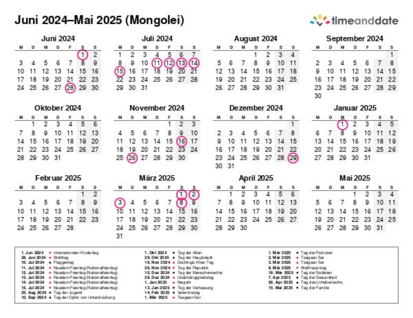 Kalender für 2024 in Mongolei