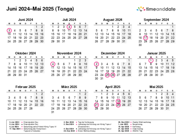 Kalender für 2024 in Tonga