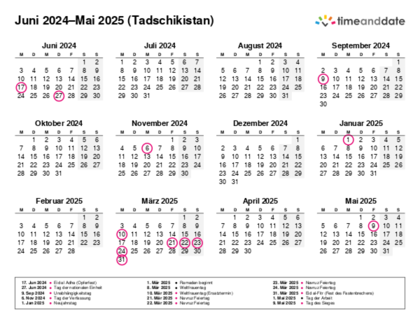 Kalender für 2024 in Tadschikistan