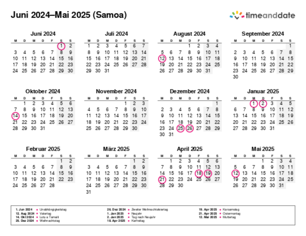 Kalender für 2024 in Samoa