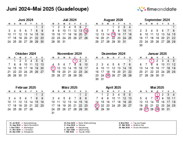 Kalender für 2024 in Guadeloupe
