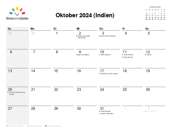 Kalender für 2024 in Indien