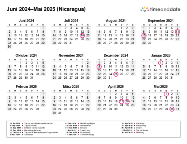 Kalender für 2024 in Nicaragua