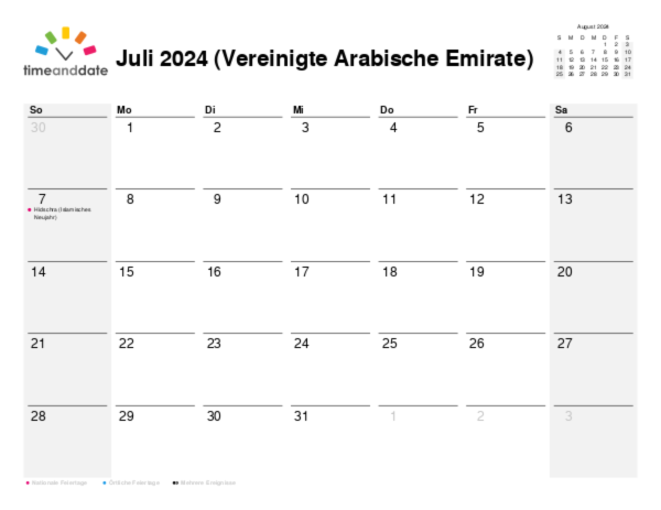 Kalender für 2024 in Vereinigte Arabische Emirate