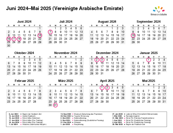 Kalender für 2024 in Vereinigte Arabische Emirate