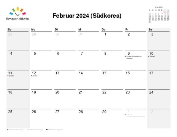 Kalender für 2024 in Südkorea