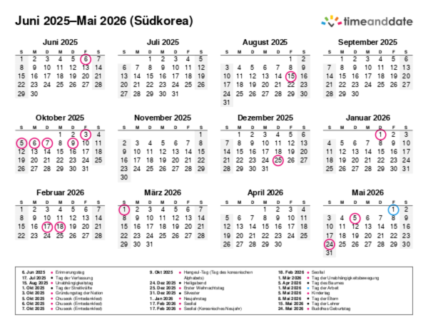 Kalender für 2025 in Südkorea