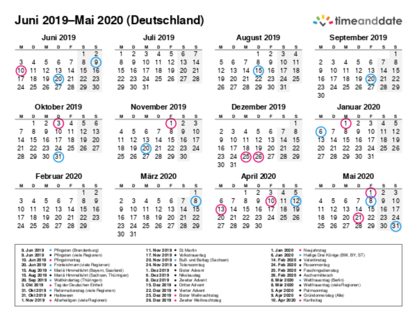 Kalender für 2019 in Deutschland