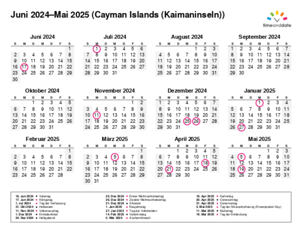 Kalender für 2024 in Cayman Islands (Kaimaninseln)