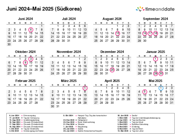 Kalender für 2024 in Südkorea