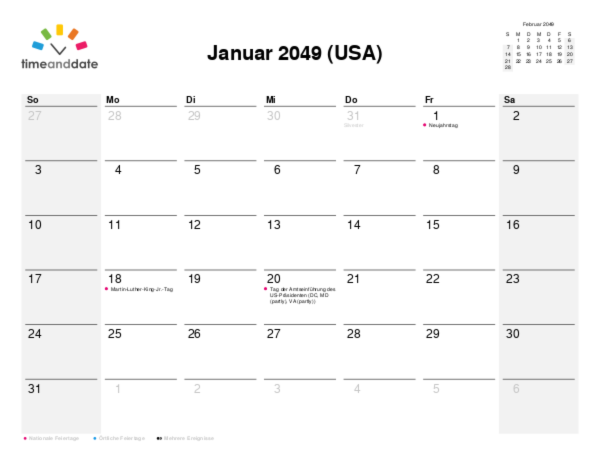 Kalender für 2049 in USA
