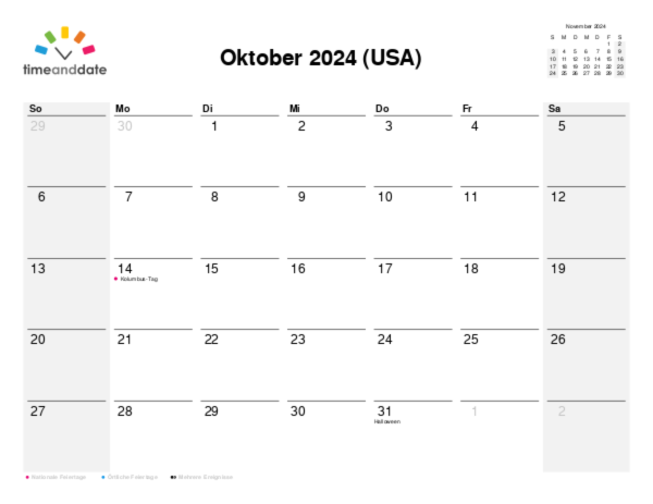 Kalender für 2024 in USA