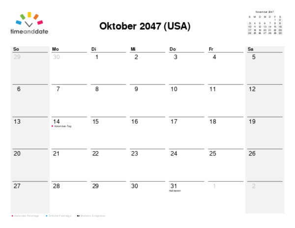 Kalender für 2047 in USA