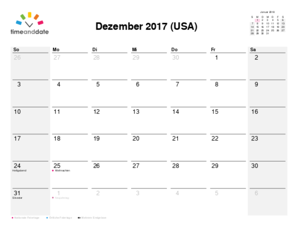 Kalender für 2017 in USA