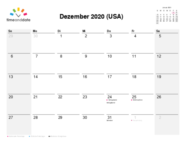 Kalender für 2020 in USA