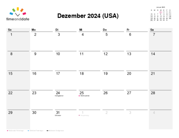 Kalender für 2024 in USA