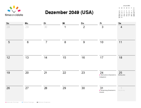 Kalender für 2049 in USA