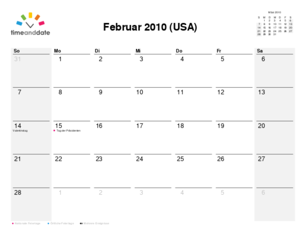 Kalender für 2010 in USA