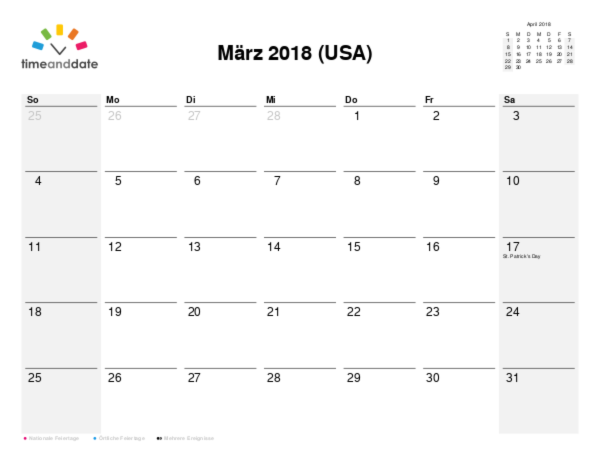 Kalender für 2018 in USA