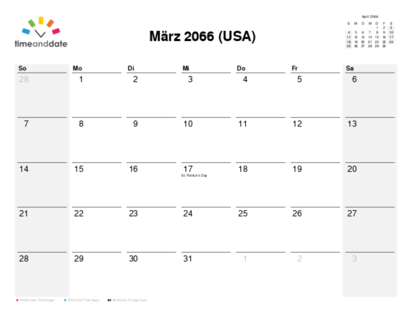 Kalender für 2066 in USA