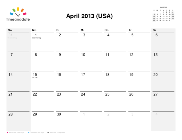 Kalender für 2013 in USA