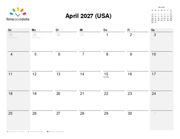 Kalender für 2027 in USA