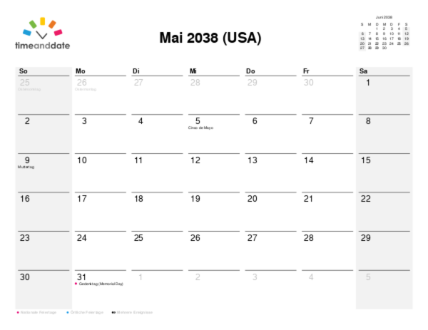 Kalender für 2038 in USA
