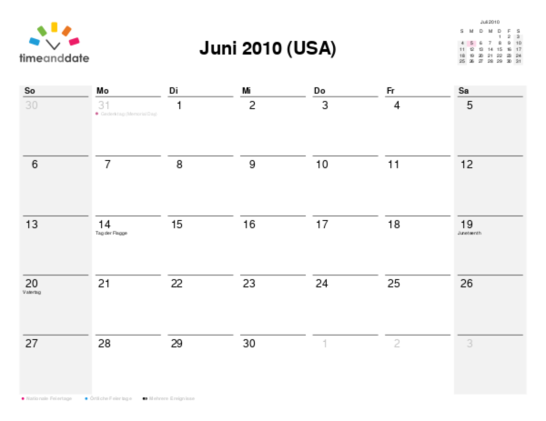Kalender für 2010 in USA