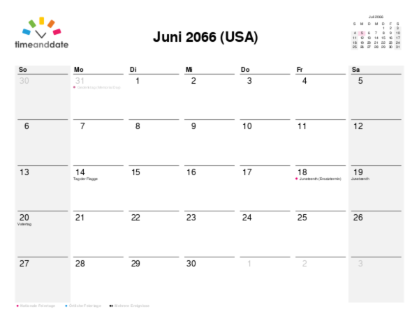 Kalender für 2066 in USA