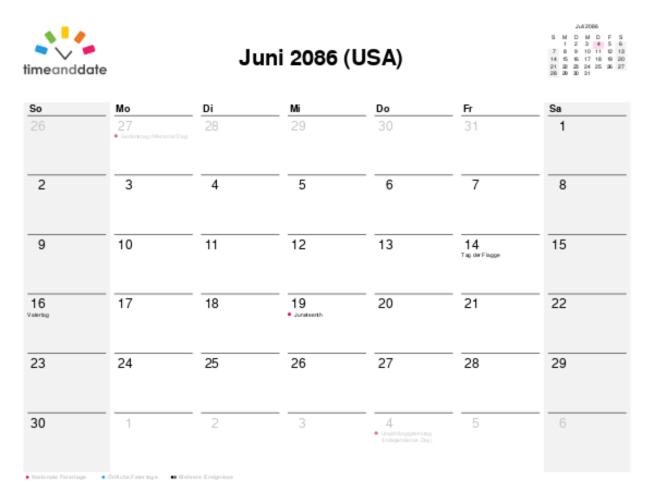 Kalender für 2086 in USA