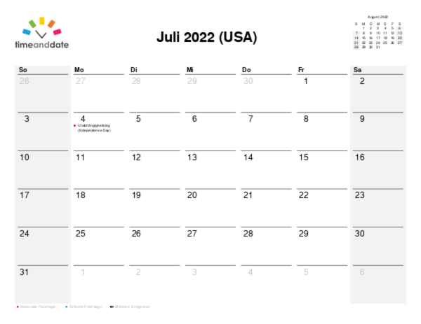 Kalender für 2022 in USA