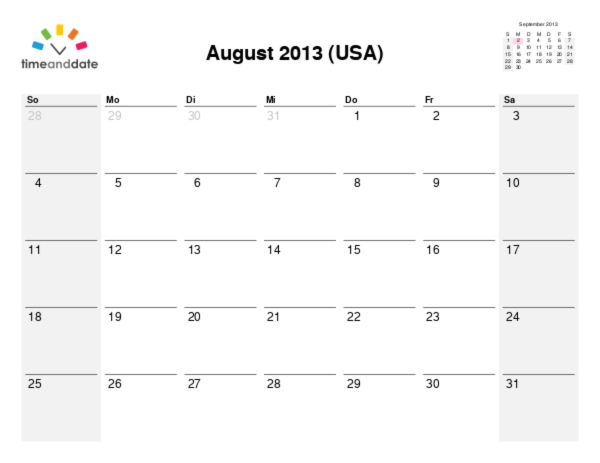Kalender für 2013 in USA