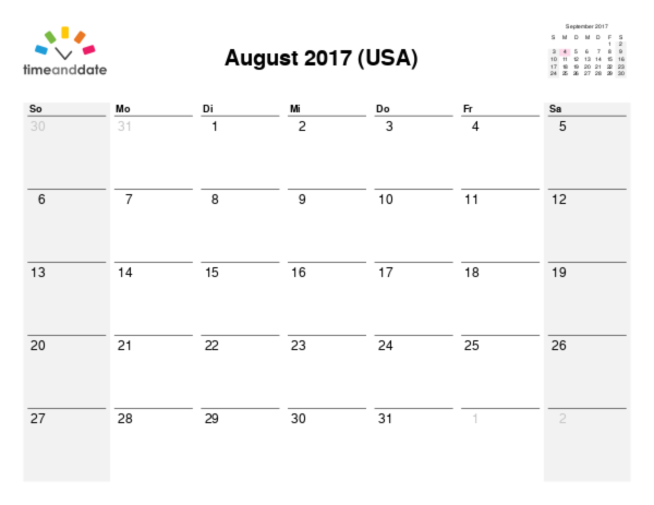 Kalender für 2017 in USA