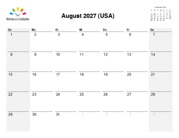 Kalender für 2027 in USA