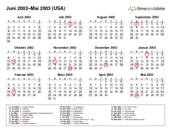 Kalender für 2002 in USA