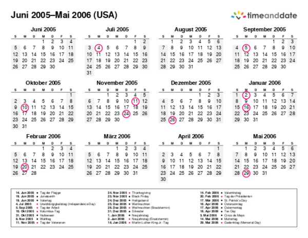 Kalender für 2005 in USA
