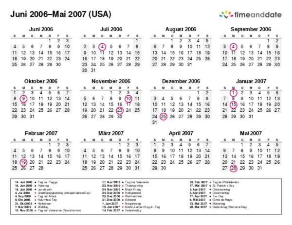 Kalender für 2006 in USA